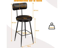 4 cadeiras de balcão pretas com encosto, couro sintético, altura do assento 65 cm