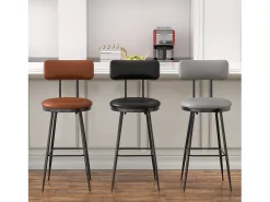 4 cadeiras de balcão pretas com encosto, couro sintético, altura do assento 65 cm