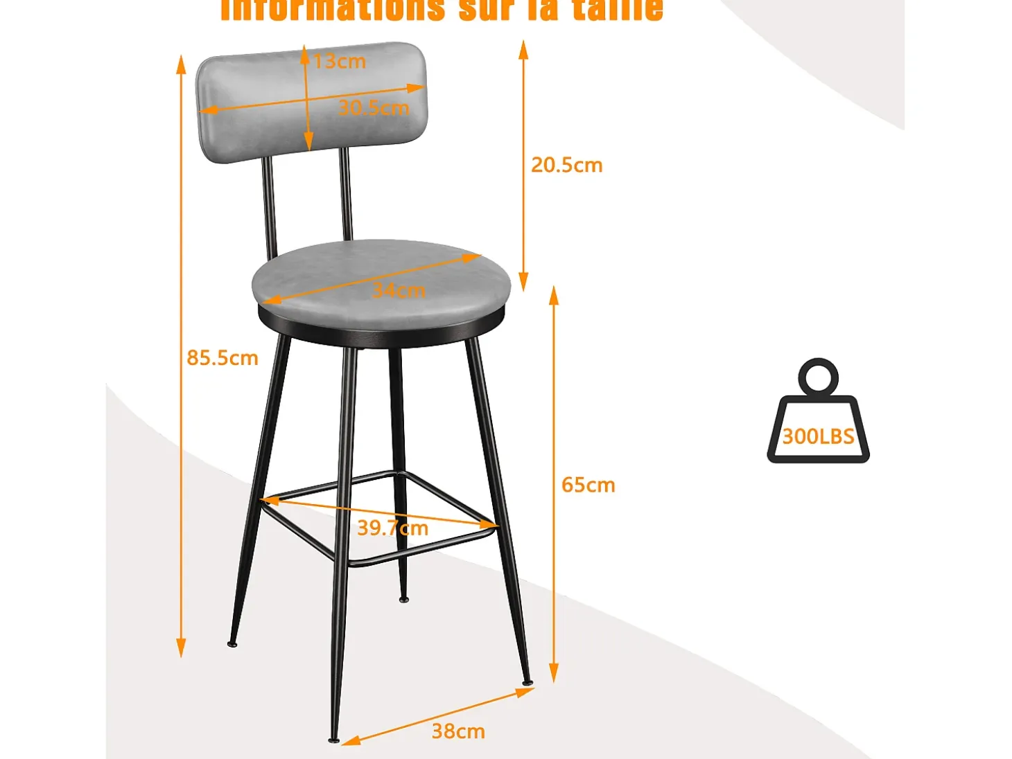 4 cadeiras de bar cinza com encosto, estilo industrial, altura do assento 65 cm