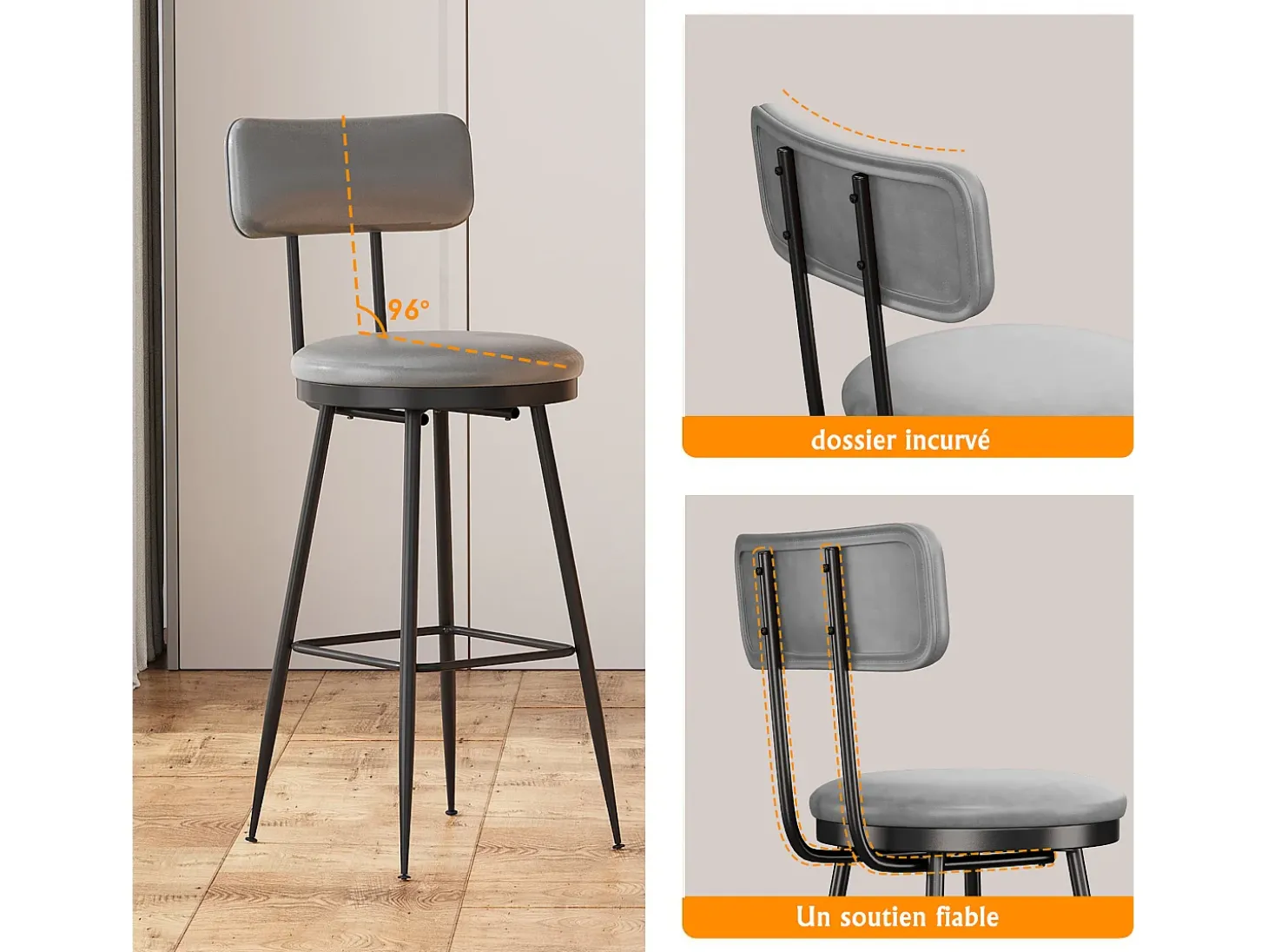 4 cadeiras de bar cinza com encosto, estilo industrial, altura do assento 65 cm