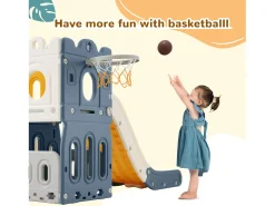 6 em 1 Kids Slide - Com cesto de basquetebol, escorrega, torre de escalada, HDPE (bolas do mar não excluídas) - Azul