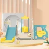 5 em 1 Kids Slide com autocarro, baloiços, escorrega, escada de escalada, cesto de basquetebol e basquetebol, verde