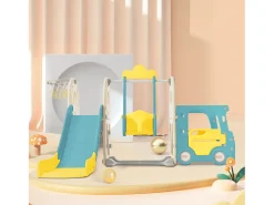 5 em 1 Kids Slide com autocarro, baloiços, escorrega, escada de escalada, cesto de basquetebol e basquetebol, verde