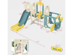 5 em 1 Kids Slide com autocarro, baloiços, escorrega, escada de escalada, cesto de basquetebol e basquetebol, verde