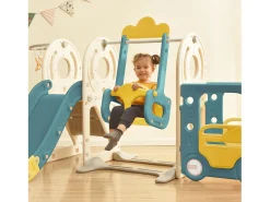 5 em 1 Kids Slide com autocarro, baloiços, escorrega, escada de escalada, cesto de basquetebol e basquetebol, verde