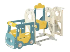 5 em 1 Kids Slide com autocarro, baloiços, escorrega, escada de escalada, cesto de basquetebol e basquetebol, verde