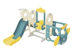 5 em 1 Kids Slide com autocarro, baloiços, escorrega, escada de escalada, cesto de basquetebol e basquetebol, verde