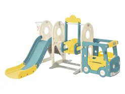 5 em 1 Kids Slide com autocarro, baloiços, escorrega, escada de escalada, cesto de basquetebol e basquetebol, verde