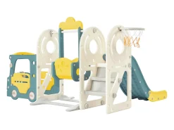 5 em 1 Kids Slide com autocarro, baloiços, escorrega, escada de escalada, cesto de basquetebol e basquetebol, verde
