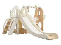 5 em 1 PP Slide para crianças dos 3 aos 8 anos, baloiço, escorrega, escalada, espaço de armazenamento, estrutura de basquetebol, rosa antigo
