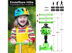 5 -ONE Scooter infantil das crianças, 3 rodas leves LED, com cesta de desenhos animados removíveis, ajustável em altura, para crianças de 2 a 8 anos
