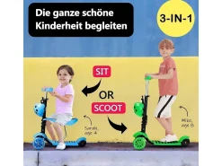 5 -ONE Scooter infantil das crianças, 3 rodas leves LED, com cesta de desenhos animados removíveis, ajustável em altura, para crianças de 2 a 8 anos