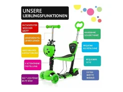 5 -ONE Scooter infantil das crianças, 3 rodas leves LED, com cesta de desenhos animados removíveis, ajustável em altura, para crianças de 2 a 8 anos