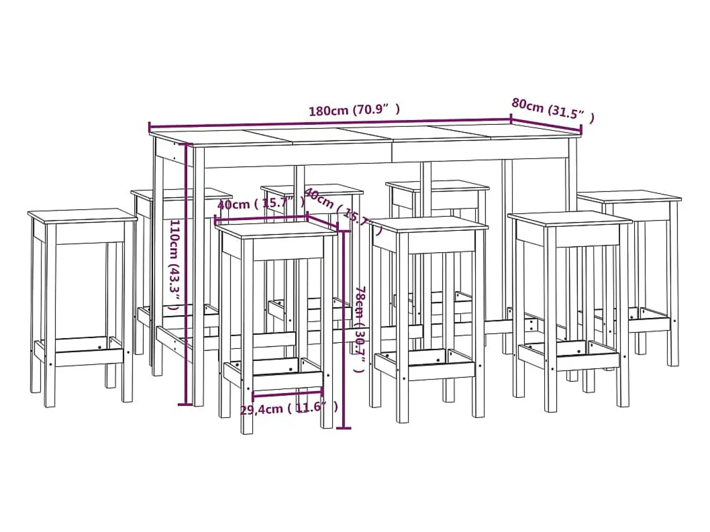 9 pcs conjunto de bar pinho maciço branco