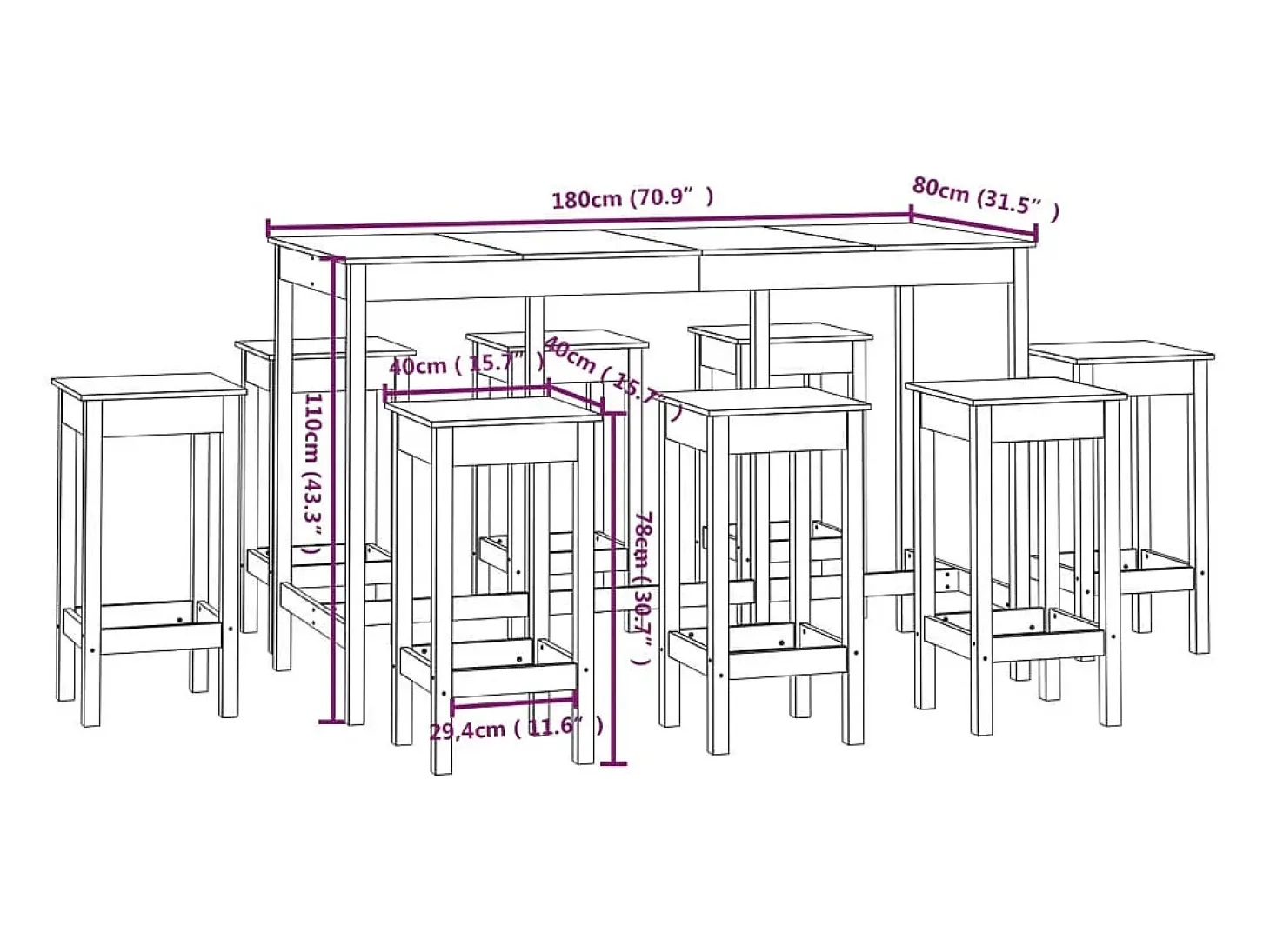 9 pcs conjunto de bar pinho maciço
