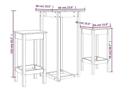 3 pcs conjunto de bar pinho maciço branco