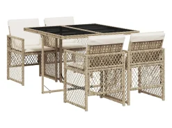 5 pcs conjunto de jantar p/ jardim com almofadões vime PE bege