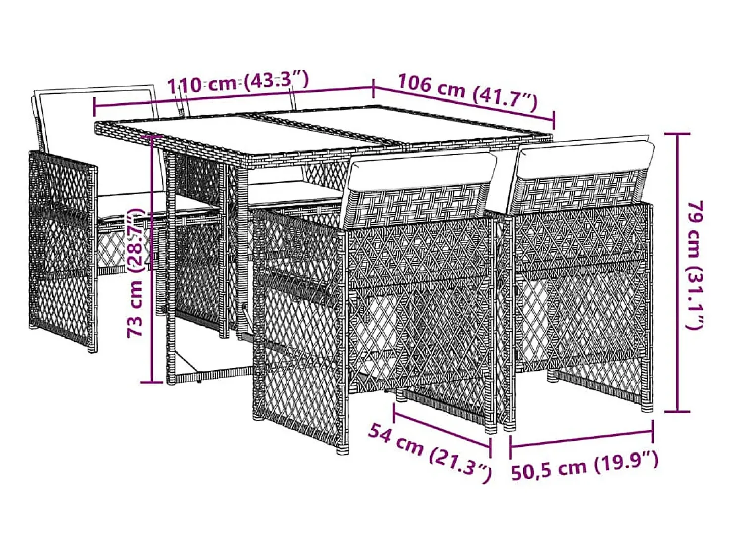5 pcs conjunto de jantar p/ jardim com almofadões vime PE bege