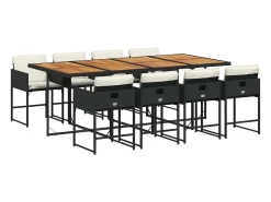 9 pcs conjunto de jantar p/ jardim c/ almofadões vime PE preto