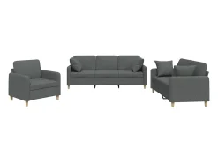 3 pcs conjunto de sofás com almofadas tecido cinzento-escuro