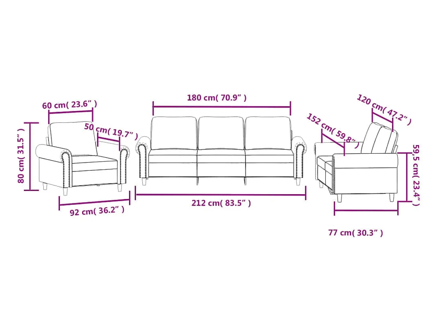 3 pcs conjunto de sofás com almofadões veludo cinzento-escuro