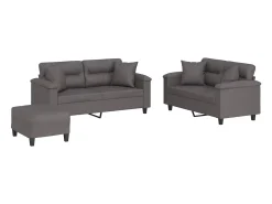 3 pcs conjunto de sofás com almofadas couro artificial cinzento