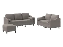 3 pcs conjunto de sofás com almofadas tecido cinza-acastanhado