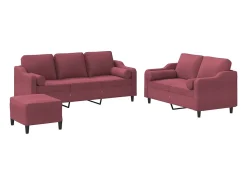 3 pcs conjunto de sofás com almofadas tecido vermelho-tinto