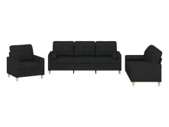 3 pcs conjunto de sofás com almofadas tecido preto