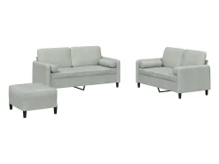 3 pcs conjunto de sofás com almofadas veludo cinzento-claro