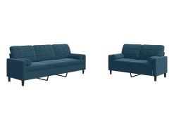 2 pcs conjunto de sofás com almofadões e rolos veludo azul
