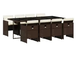 9 pcs conjunto jantar p/ jardim c/ almofadões vime PE castanho
