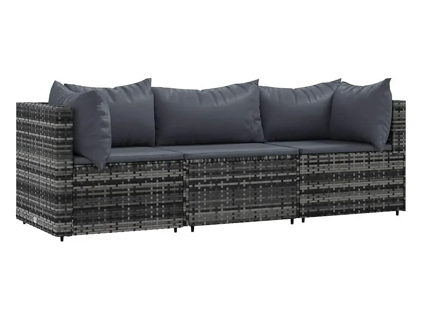 3 pcs conjunto lounge de jardim c/ almofadões vime PE cinzento