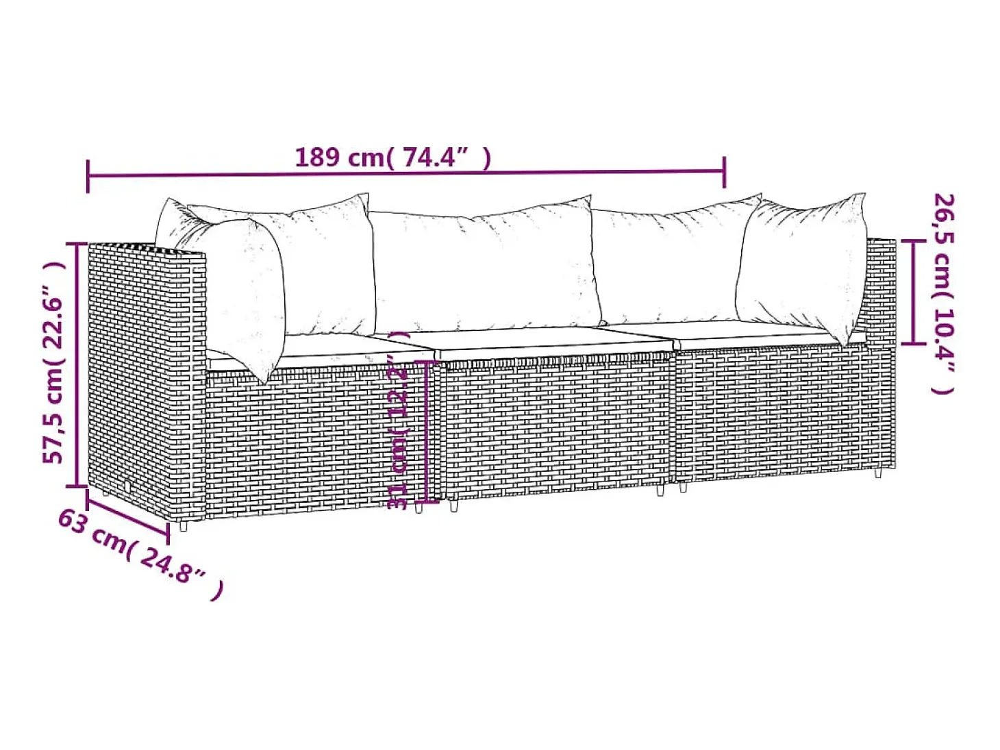 3 pcs conjunto lounge de jardim c/ almofadões vime PE cinzento