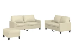 3 pcs conjunto sofás c/ almofadões couro artificial cor creme