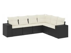 6 pcs conjunto sofás de jardim c/ almofadões vime PE preto