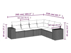 6 pcs conjunto sofás de jardim c/ almofadões vime PE preto