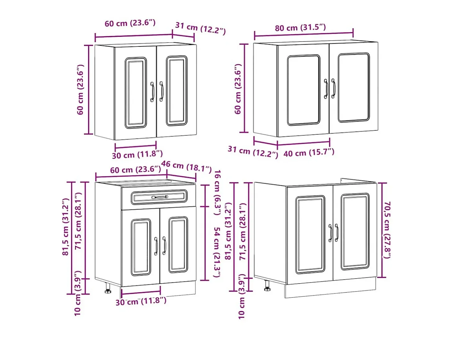 4 peças armário de cozinha conjunto Kalmar concreto cinza