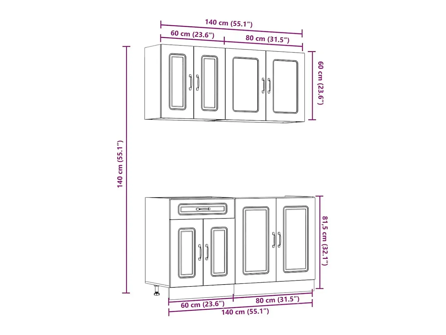 4 peças armário de cozinha conjunto Kalmar concreto cinza
