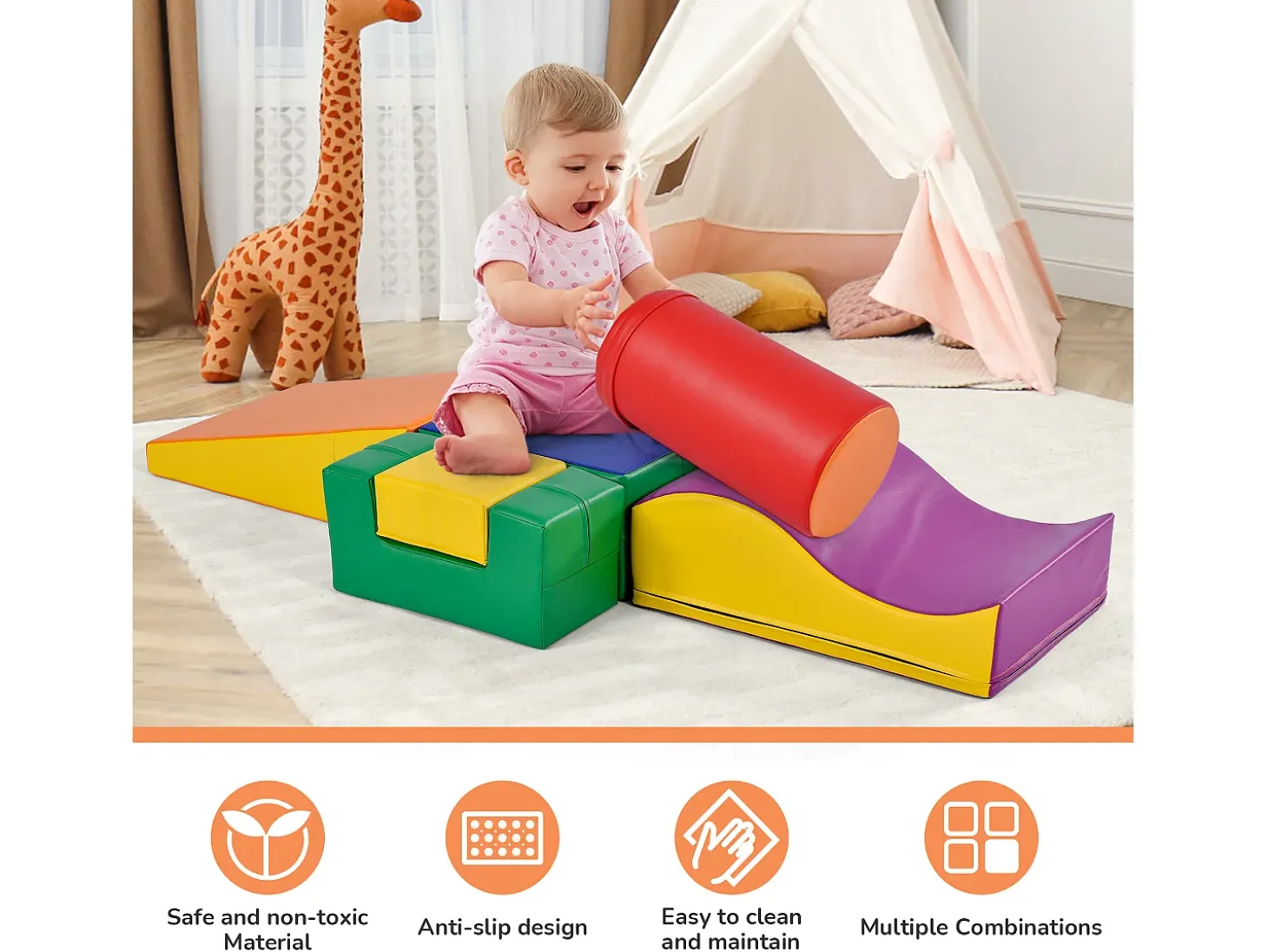 6 peças de blocos de construção gigantes macios para parque infantil, módulos de corrida e escalada, PU - laranja