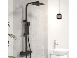 AICA 2 Columnas de chuveiros termostáticos com chuveiros quadrados e chuveiros de mão com colunas ajustáveis (preto mate e cromado brilhante)