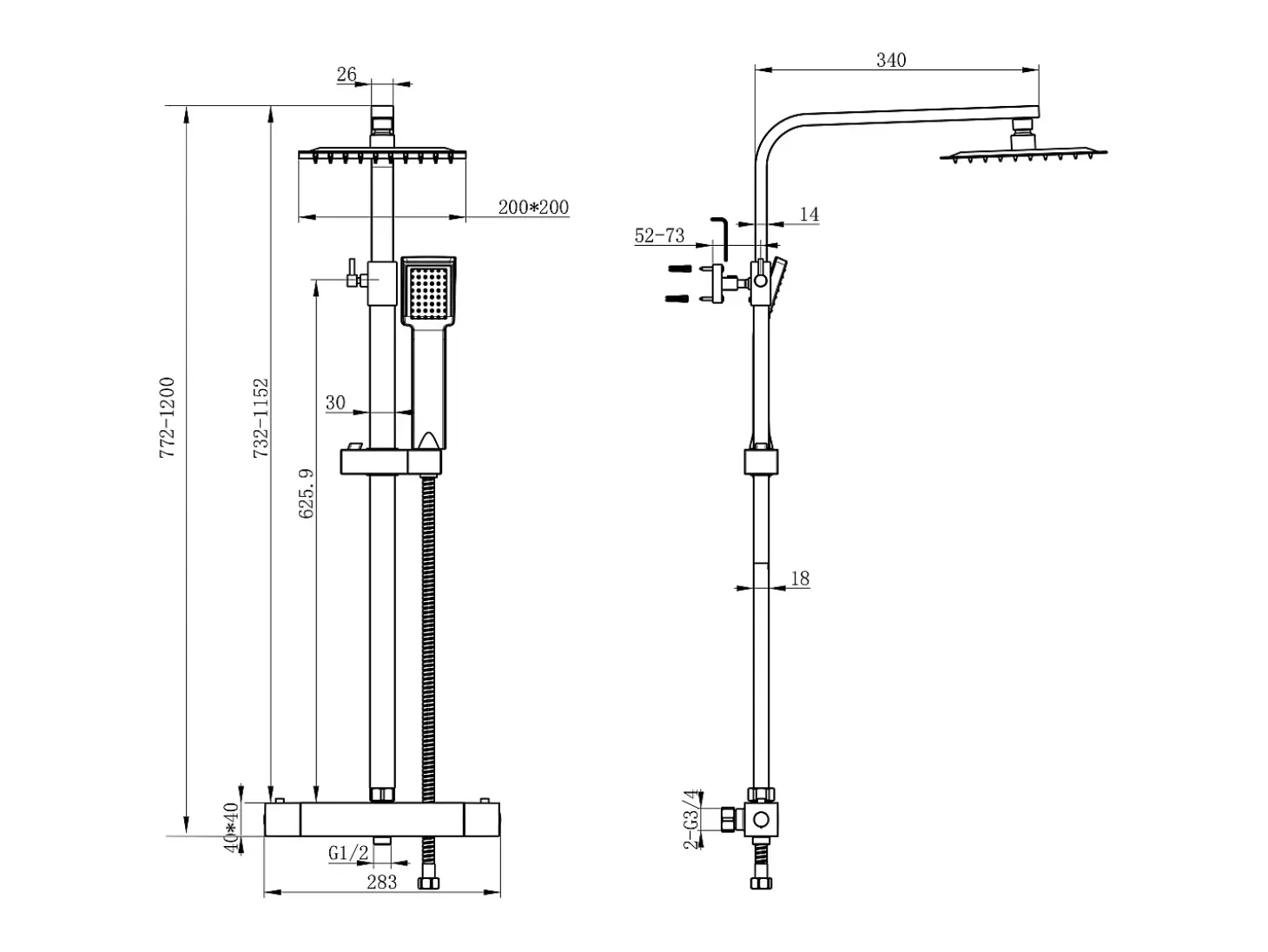 Aica coluna de chuveiro termostático prata termostática com chuveiro superior e trilho 768-1200mm quadrado