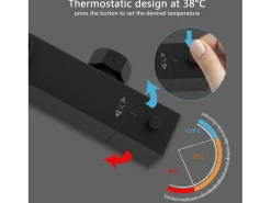AICA Coluna de duche termostática preto mate | Alcachofra Praça Grande | Barra ajustável 73-115cm| Sistema de duche superior