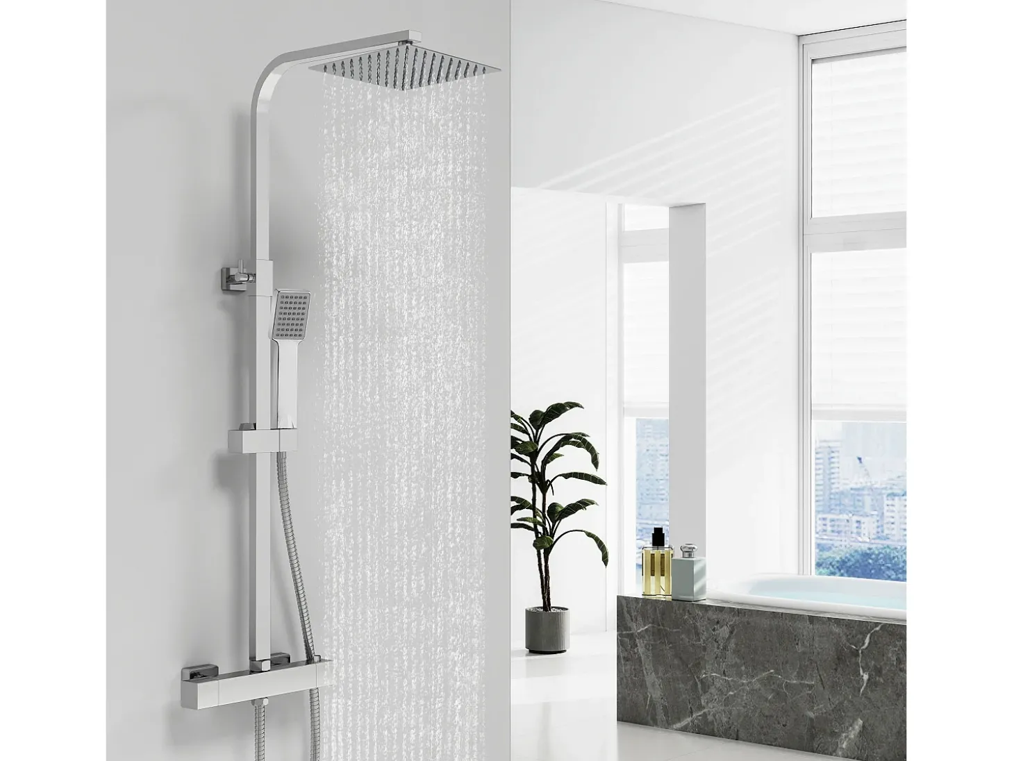 AICA Coluna de duche termostática cromada | Alcachofra Praça Grande | Barra ajustável 73-115 cm | Sistema de duche superior