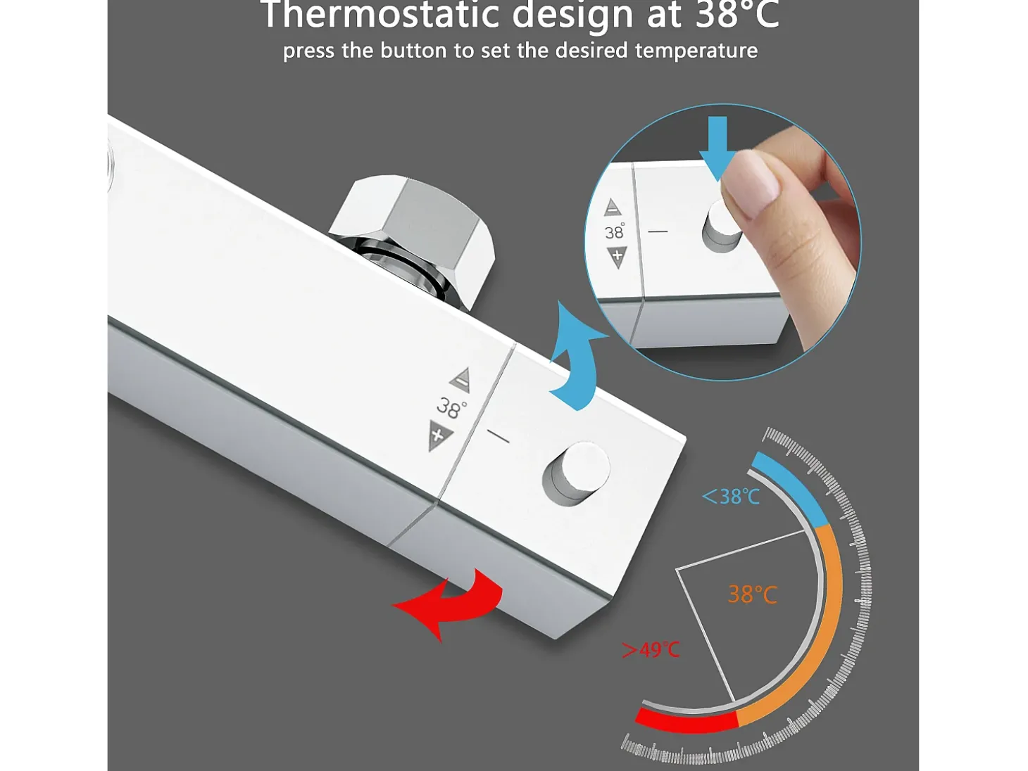 AICA Coluna de duche termostática cromada | Alcachofra Praça Grande | Barra ajustável 73-115 cm | Sistema de duche superior