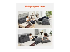 Almofada de Leitura SucceBuy, com 2 Bolsos Laterais e 2 Apoios de Cabeça, Almofada de Flanela Lavável, Apoio para as Costas para Ler, Descansar, Cinzenta