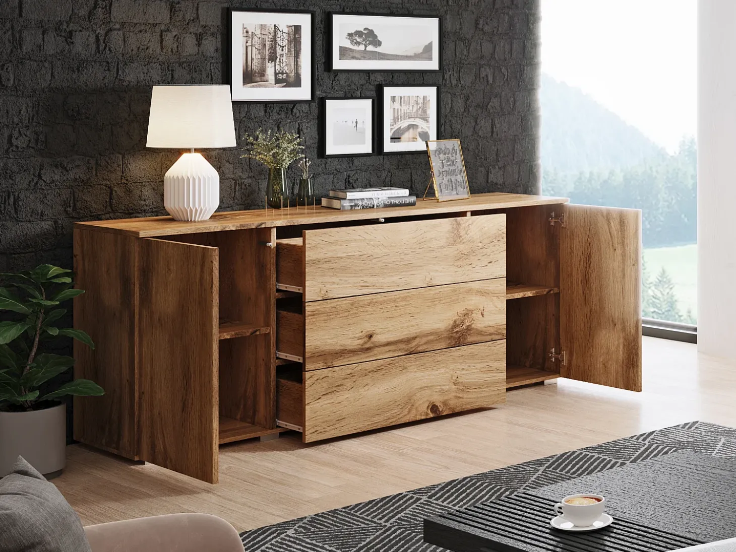 Aparador 150 cm mate para sala – moderno com gavetas e portas carvalho wotan