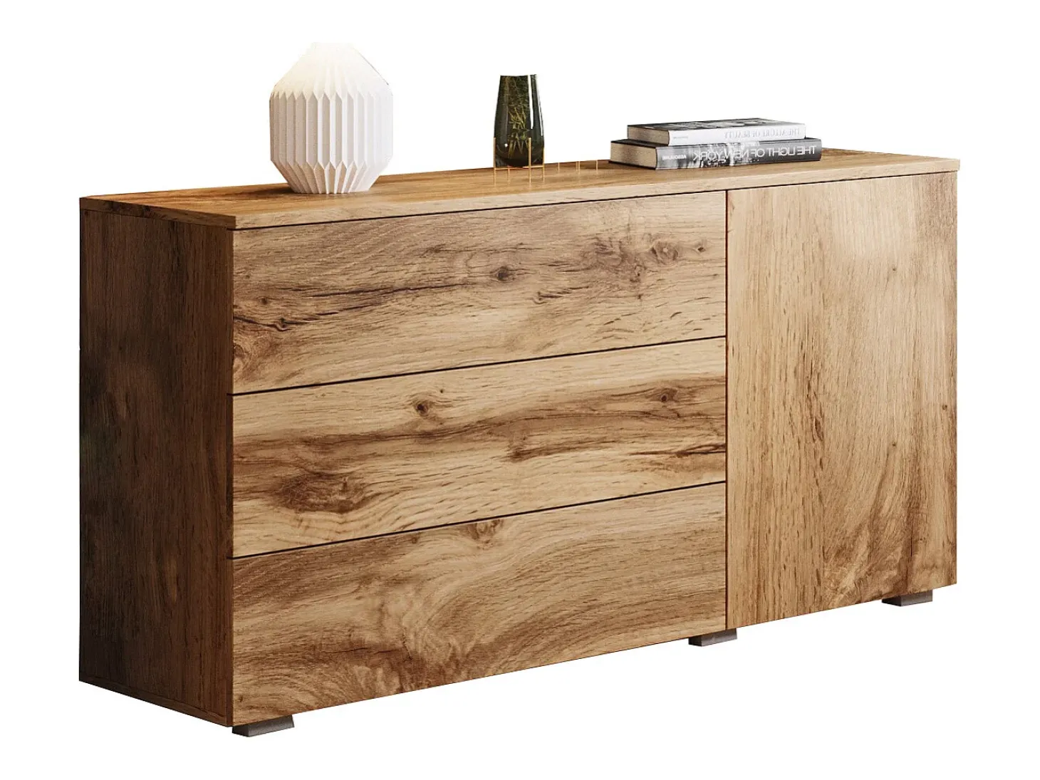 Aparador 110 cm mate para sala – moderno com 3 gavetas e 1 porta carvalho wotan