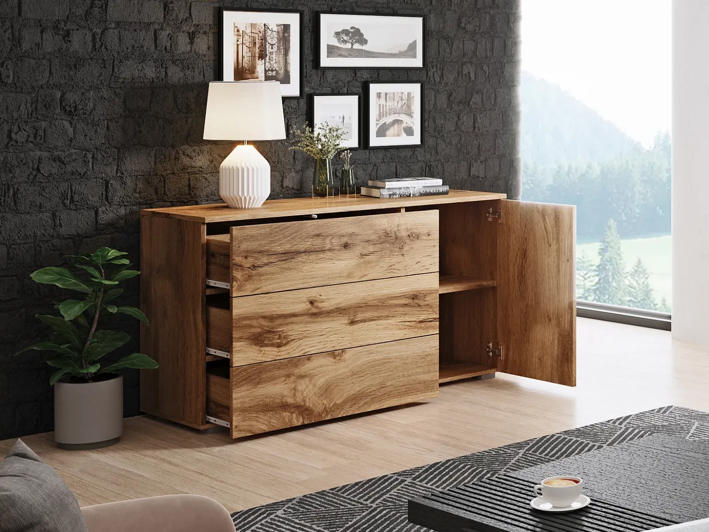 Aparador 110 cm mate para sala – moderno com 3 gavetas e 1 porta carvalho wotan