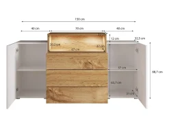 Aparador 150 cm mate para sala – moderno, de pé com 3 gavetas, nicho e portas laterais carvalho wotan